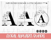 Floral alphabet svg, split monogram svg, flower alphabet svg, floral wreath svg, alphabet svg, last name svg, monogram letter svg, png