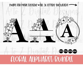 Floral alphabet svg, split monogram svg, flower alphabet svg, floral wreath svg, alphabet svg, last name svg, monogram letter svg, png