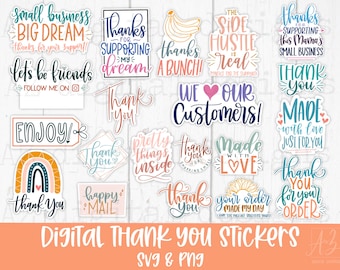 Digital thank you stickers png hand lettered | thank you svg | packaging sticker for small business png | made with love svg png labels