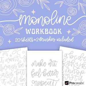 Monoline hand lettering workbook for procreate or print + 2 lettering brushes for procreate - instant download
