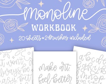 Monoline hand lettering workbook for procreate or print + 2 lettering brushes for procreate - instant download