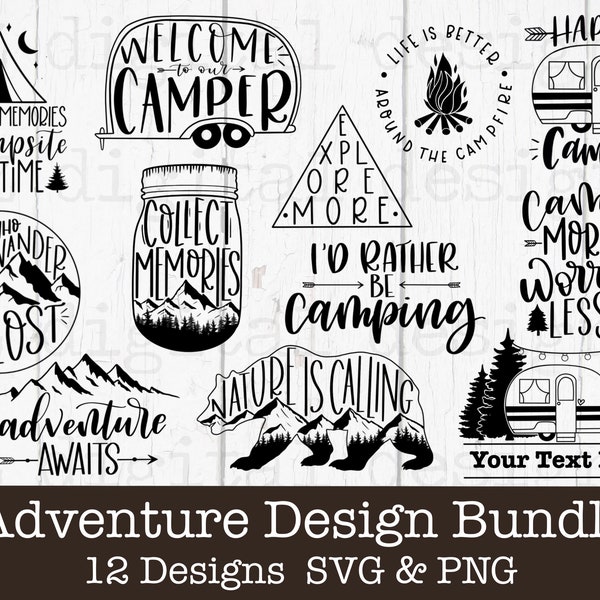 Adventure svg bundle | lettré à la main camping svg png | happy camper svg | seau de camping svg | explorez svg png | feu de camp svg | camping-car svg