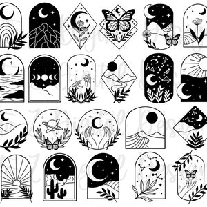 May include: A selection of black and white celestial illustrations. Designs feature moons, stars, mountains, butterflies, hands, and botanical elements. The images are in various shapes, including arches, circles, and diamonds.