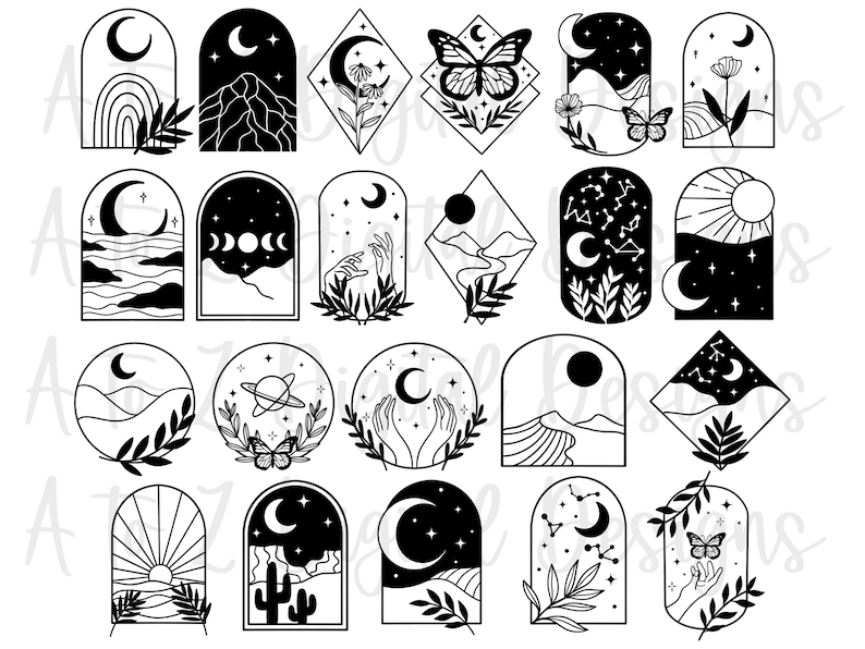 May include: A selection of black and white celestial illustrations. Designs feature moons, stars, mountains, butterflies, hands, and botanical elements. The images are in various shapes, including arches, circles, and diamonds.