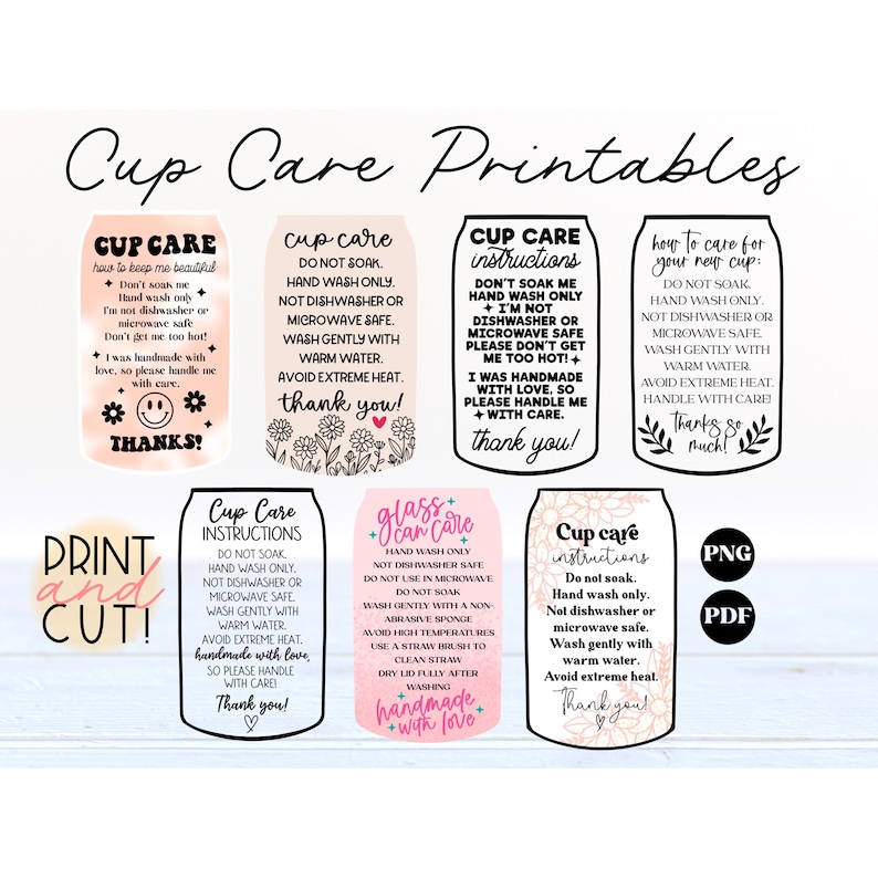 Peut inclure: Instructions de soin pour tasse imprimables en rose et noir. Les instructions comprennent "Ne me faites pas tremper", "Lavage &agrave; la main uniquement", "Ne convient pas au lave-vaisselle ou au micro-ondes", "Lavez d&eacute;licatement &agrave; l'eau ti&egrave;de", "&Eacute;vitez la chaleur extr&ecirc;me", et "Fait &agrave; la main avec amour, veuillez donc le manipuler avec soin".