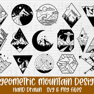 Paquete de svg de montaña dibujado a mano / svg de montaña geométrica / svg de aventura de campamento al aire libre / svg de silueta de montaña png / svg de paisaje
