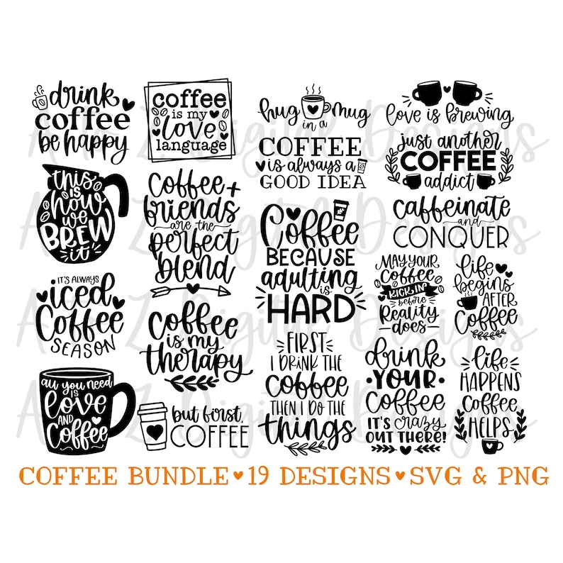 K&ouml;nnte beinhalten: Ein Bundle mit 19 schwarz-wei&szlig;en Grafikdesigns zum Thema Kaffee. Die Designs beinhalten S&auml;tze wie "Trink Kaffee, sei gl&uuml;cklich", "Kaffee ist meine Lieblingssprache", "Kaffee + Freunde sind die perfekte Mischung", "Kaffee ist meine Therapie" und "Das Leben passiert, Kaffee hilft".