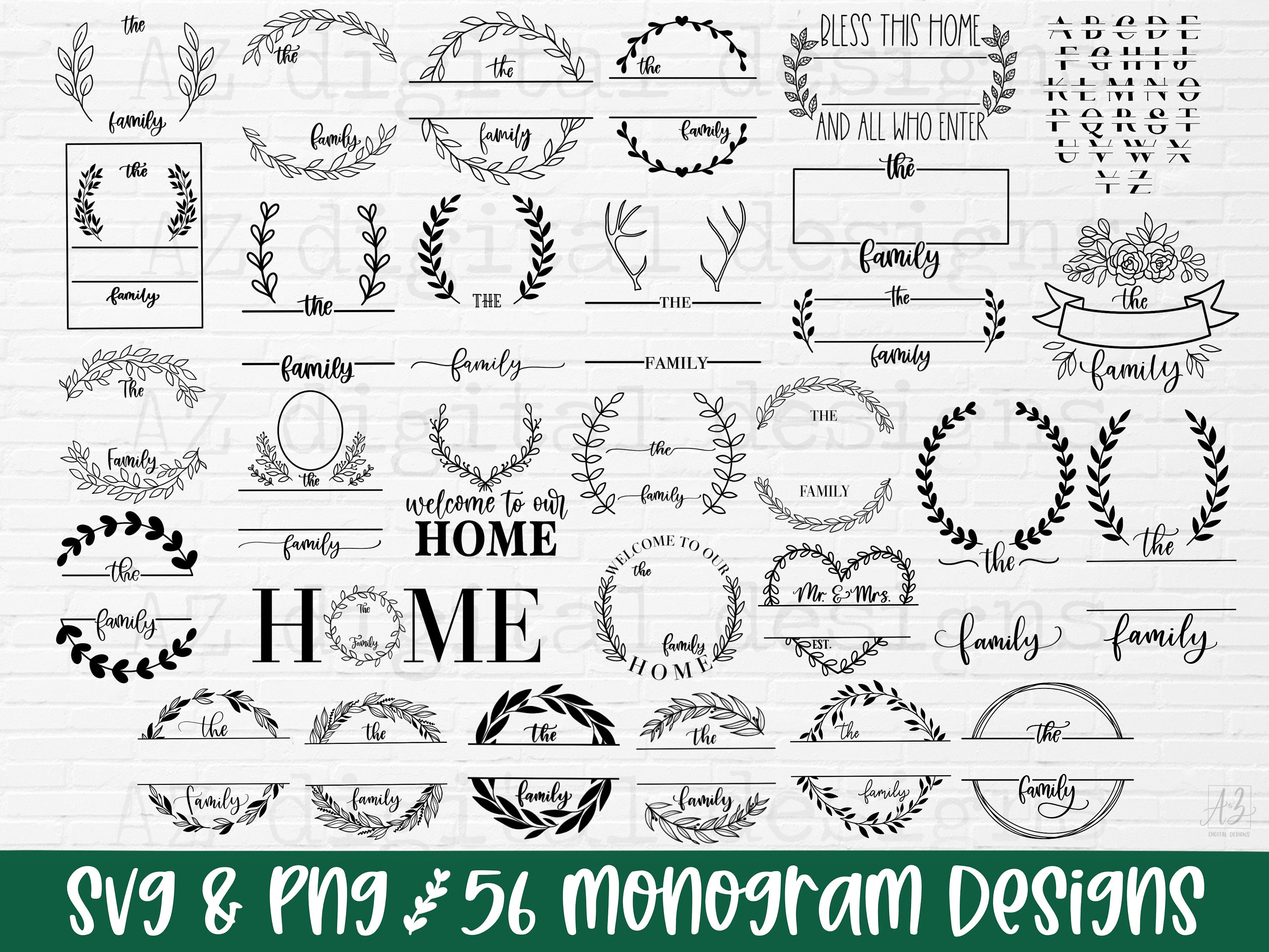 split monogram svg family name frame svg Family name monogram with floral frame SvgPngDxf wedding monogram svg