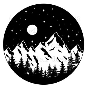 May include: Black and white circular illustration of a mountain range under a starry night sky with a full moon. Silhouetted pine trees are at the base of the mountains. A nature-themed design.