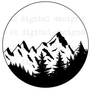 May include: Black and white circular graphic featuring a mountain range and evergreen trees. The design is a silhouette of a mountain landscape, with the text "AZ digital designs" in the background.