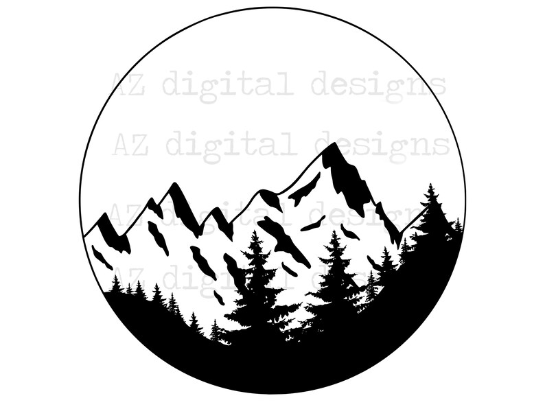 May include: Black and white circular graphic featuring a mountain range and evergreen trees. The design is a silhouette of a mountain landscape, with the text "AZ digital designs" in the background.