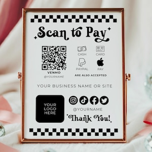 Retro editierbarer Scan, um Canva, QR-Code-Vorlage, kleine Unternehmen druckbar, 8x10, 5x7, danke Etikett druckbar, Geschäftsschild, Zahlung zu bezahlen
