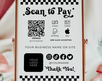 Retro editable scan to pay canva, QR code template, small business printable, 8x10, 5x7, thank you label printable, business sign, payment