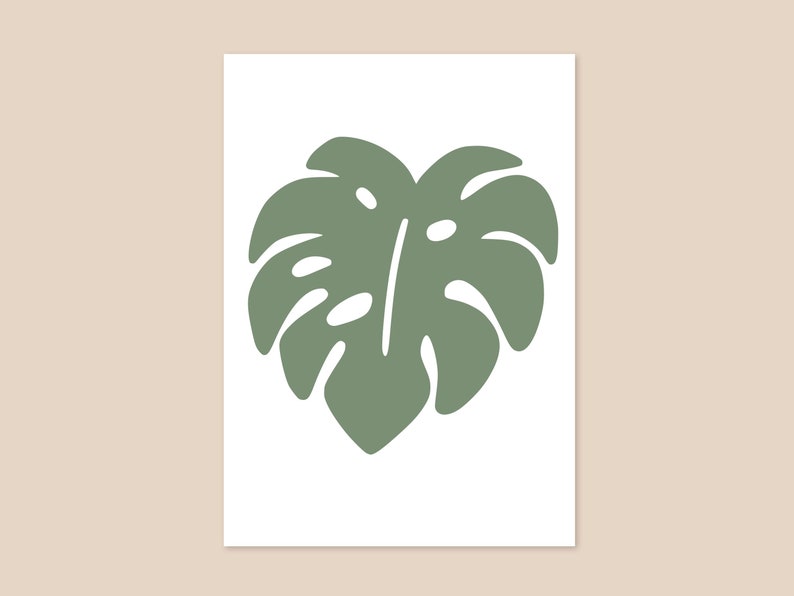 May include: A green silhouette of a monstera leaf on a white background.