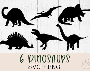 May include: Silhouettes of six different dinosaurs, including a stegosaurus, a brachiosaurus, a tyrannosaurus rex, and a pterodactyl. The dinosaurs are black against a white woodgrain background. The text "6 DINOSAURS SVG + PNG" is at the bottom of the image.