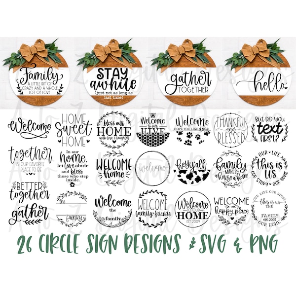 Round sign svg bundle, circle sign svg, porch sign svg, welcome sign svg, door hanger svg, family svg, monogram svg, welcome to our home svg