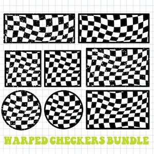 Peut inclure: Ensemble de motifs de damiers déformés en noir et blanc, comprenant des formes rectangulaires et circulaires. Le texte "WARPED CHECKERS BUNDLE" est en vert, dans une police stylisée.