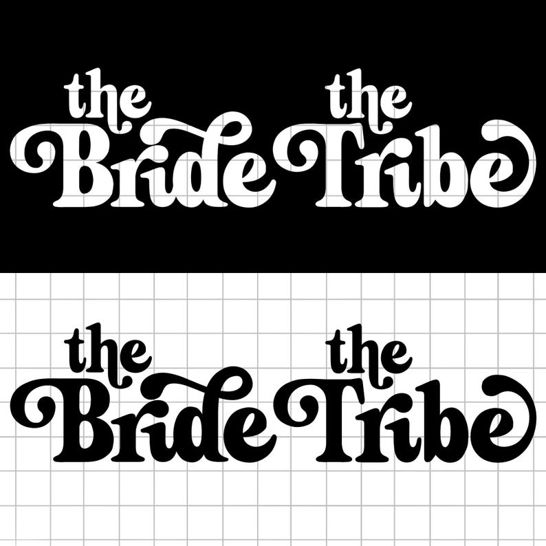 May include: Two black and white images of the text "the Bride Tribe" in a stylized font. The top image is white text on a black background. The bottom image is black text on a white background.