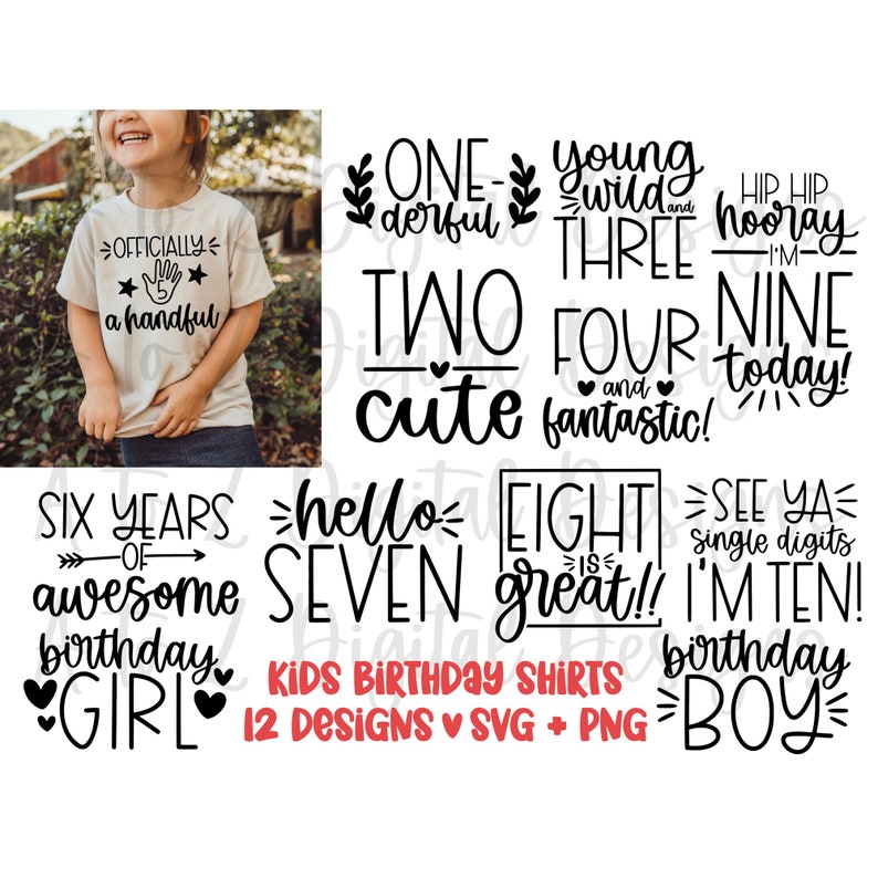 Op de afbeelding: Twaalf zwart-wit ontwerpen voor kindergeburtstagsshirts. De ontwerpen bevatten zinnen zoals "One Derful", "Two Cute", "Young Wild Three", "Four and Fantastic", "Six Years of Awesome", "Hello Seven", "Eight is Great", "See Ya Single Digits I'm Ten", "Hip Hip Hooray I'm Nine", en "Birthday Girl" en "Birthday Boy".