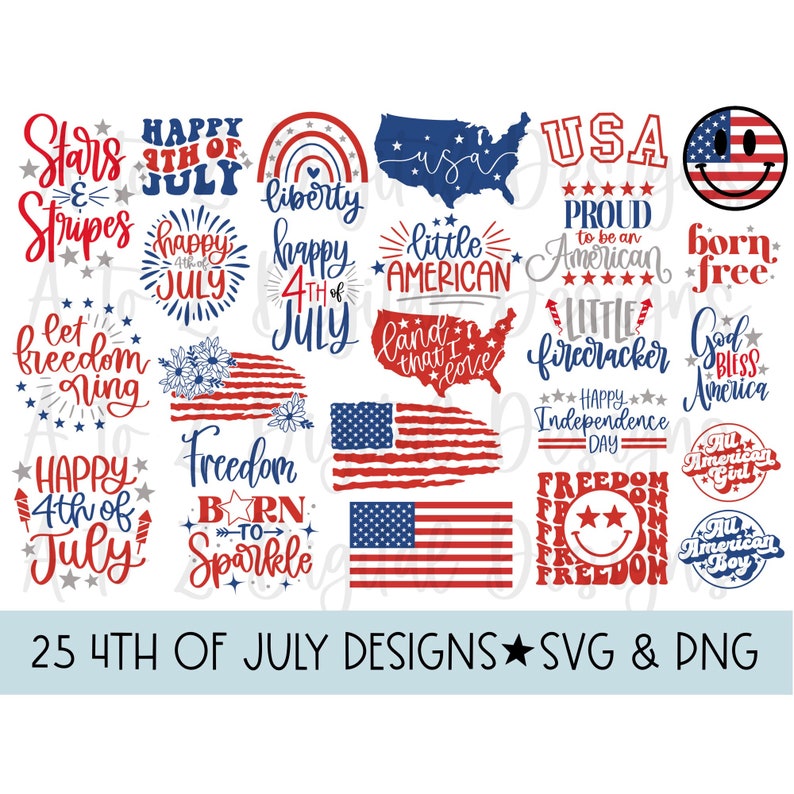 K&ouml;nnte beinhalten: Ein Set mit 25 Designs zum 4. Juli im SVG- und PNG-Format. Die Designs zeigen patriotische Motive, darunter Sterne, Streifen, Feuerwerk, Flaggen und Text wie "Happy 4th of July", "Freedom" und "Born to Sparkle".