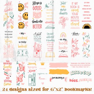 Pode incluir: Um conjunto de 24 marcadores coloridos, cada um com 15.24 cm x 5.08 cm. Os designs apresentam cita&ccedil;&otilde;es, ilustra&ccedil;&otilde;es florais e rostos sorridentes. O texto inclui frases como "Book Lovers Club" e "Book Junkie".