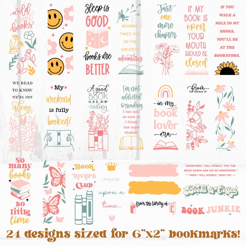 Pode incluir: Um conjunto de 24 marcadores coloridos, cada um com 15.24 cm x 5.08 cm. Os designs apresentam cita&ccedil;&otilde;es, ilustra&ccedil;&otilde;es florais e rostos sorridentes. O texto inclui frases como "Book Lovers Club" e "Book Junkie".