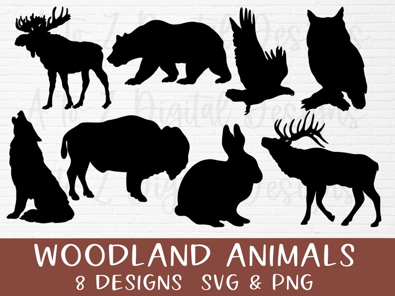 May include: A set of eight black silhouette designs of woodland animals, including a moose, bear, eagle, bison, rabbit, elk, wolf, and owl. The designs are perfect for crafting projects, scrapbooking, and more.