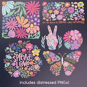 Hippieblommor svg och png-paket 2, dansk blomma svg, retroblomma svg, boho blomma svg, blommig png, boho blommig png svg groovy blomma svg bild 3