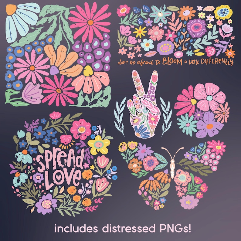Hippieblommor svg och png-paket 2, dansk blomma svg, retroblomma svg, boho blomma svg, blommig png, boho blommig png svg groovy blomma svg bild 3