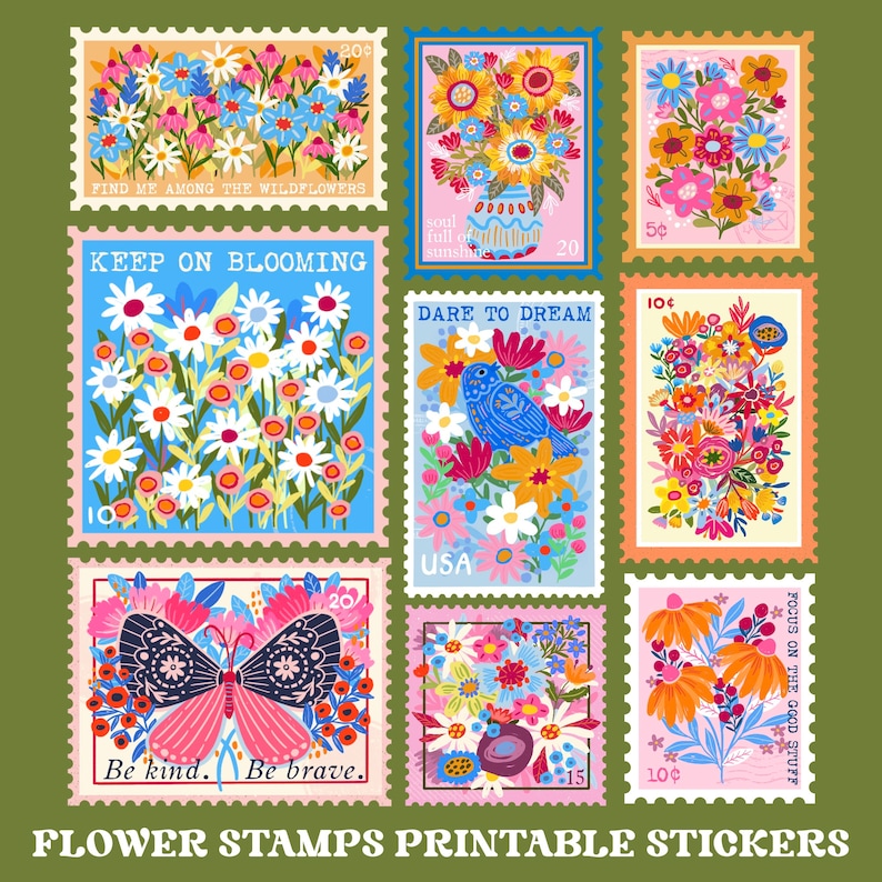 Pu&ograve; includere: Nove adesivi stampabili a tema floreale, colorati, con diversi arrangiamenti floreali, farfalle e citazioni ispiranti. Gli adesivi presentano frasi come "Trova me tra i fiori selvatici", "Continua a fiorire", "Osa sognare", "Sii gentile. Sii coraggioso", e "Concentrati sul bene".