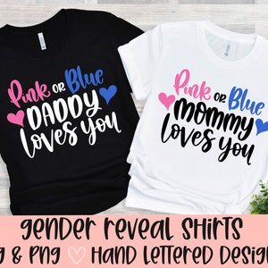 Camisetas de revelación de género svg / rosa o azul mami te ama, papi te ama / fiesta de revelación de género svg / bebé svg / embarazo svg / baby shower
