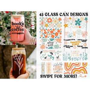 Paquete de lata de vidrio svg, café puede envolver svg, envoltura floral svg, 16 oz lata svg, libbey can svg, 16 oz lata plantilla vidrio puede envolver sublimación png