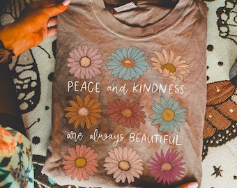 Peace and Kindness PNG, floral png, flower sublimation png, boho flower png, floral shirt design png, daisy png, retro flower saying png,