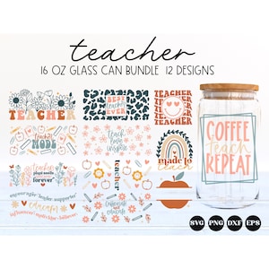 Teacher glass can svg bundle, libbey 16 oz can wrap svg, retro teacher can svg, apple monogram svg, teacher appreciation svg, png, dxf, eps