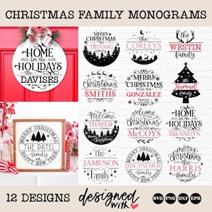 Nombre familiar navideño SVG, monograma familiar navideño SVG, letrero navideño redondo SVG, colgador de puerta navideño SVG, letrero de porche navideño SVG png