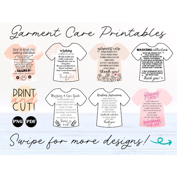 Tshirt care card printable, printable washing instructions, care card printable, garment care card, sweater care card, clothing care png pdf