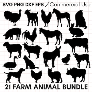 Paquete SVG de animales de granja, svg de granja, svg de granjero, svg de silueta de animal, svg de pollo, clipart de granja, svg de caballo, svg de vaca, archivo de corte de animal, png dxf