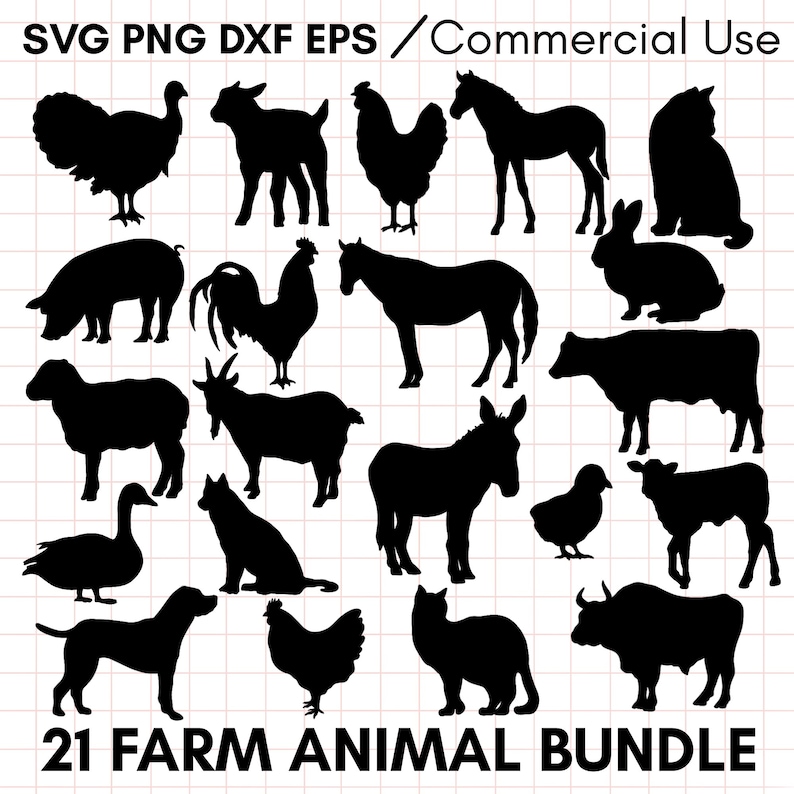 May include: A set of 21 black silhouette farm animal illustrations. The animals include a turkey, goat, rooster, horse, cat, pig, sheep, donkey, goose, dog, chicken, cow, and rabbit. The illustrations are perfect for crafting, scrapbooking, and other creative projects.
