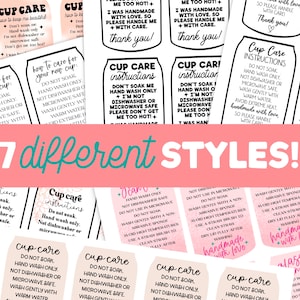 Peut inclure: Sept styles diff&eacute;rents d'instructions d'entretien des tasses avec des fonds roses et blancs. Le texte comprend "Ne pas faire tremper", "Lavage &agrave; la main uniquement", "Ne convient pas au lave-vaisselle ou au micro-ondes", "Laver d&eacute;licatement &agrave; l'eau ti&egrave;de", "&Eacute;viter la chaleur extr&ecirc;me" et "Fait &agrave; la main avec amour".