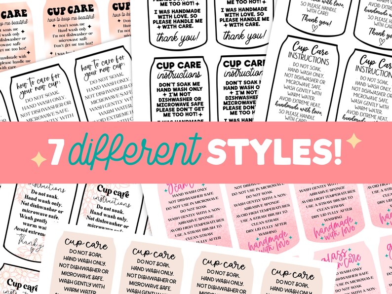 Peut inclure: Sept styles diff&eacute;rents d'instructions d'entretien des tasses avec des fonds roses et blancs. Le texte comprend "Ne pas faire tremper", "Lavage &agrave; la main uniquement", "Ne convient pas au lave-vaisselle ou au micro-ondes", "Laver d&eacute;licatement &agrave; l'eau ti&egrave;de", "&Eacute;viter la chaleur extr&ecirc;me" et "Fait &agrave; la main avec amour".