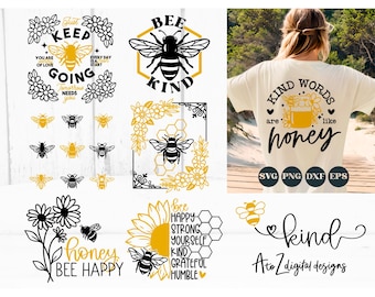 Bee svg bundle, bee svg, bee shirt svg, sunflower svg, honeycomb svg, bee quote svg, bee kind svg, botanical svg, honey bee svg png dxf eps
