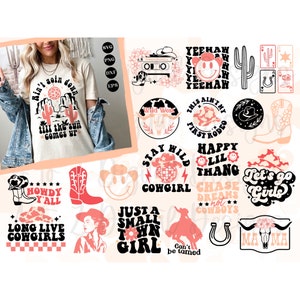 Retro groovy cowgirl svg, retro western svg, cowboy svg, rodeo svg, howdy svg, cowboy boot svg, cowboy hat svg, lets go girls svg, png