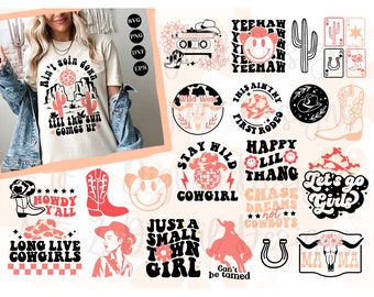 Retro groovy Cowgirl svg, Retro Western svg, Cowboy svg, Rodeo svg, Howdy svg, Cowboystiefel svg, Cowboyhut svg, lässt Mädchen gehen svg, png