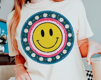 Hippie Daisy Smiley PNG, distressed smiley png, smiley sublimation png, floral smiley png, smiley svg, dtf, boho png, summer sublimation png