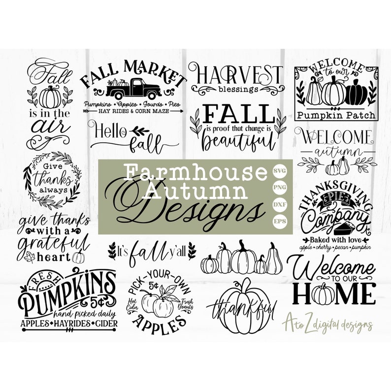 May include: A collection of 12 black and white farmhouse autumn designs featuring pumpkins, fall leaves, and text such as "Fall is in the air", "Welcome to our Pumpkin Patch", "It's Fall y'all", and "Farmhouse Autumn Designs".