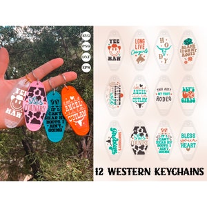 Western Motel sleutelhanger SVG-bundel, retro westerse sleutelhanger svg, cowgirl sleutelhanger svg, westerse svg, zuidelijke svg, sleutelhanger sublimatie png
