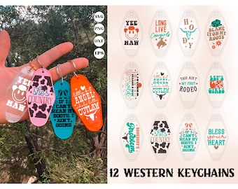 Western Motel Keychain SVG Bundle, retro western keychain svg, cowgirl keychain svg, western svg, southern svg, keychain sublimation png