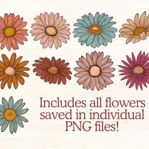 May include: Set of ten digital flower illustrations in various colors, including pink, blue, red, and brown.  Includes all flowers saved in individual PNG files.