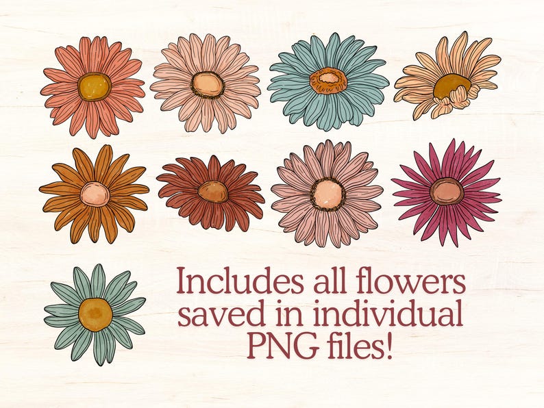 May include: Set of ten digital flower illustrations in various colors, including pink, blue, red, and brown.  Includes all flowers saved in individual PNG files.