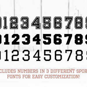 May include: Three rows of black numbers 0-9 in three different sports font styles. The text below reads "INCLUDES NUMBERS IN 3 DIFFERENT SPORTS FONTS FOR EASY CUSTOMIZATION!"